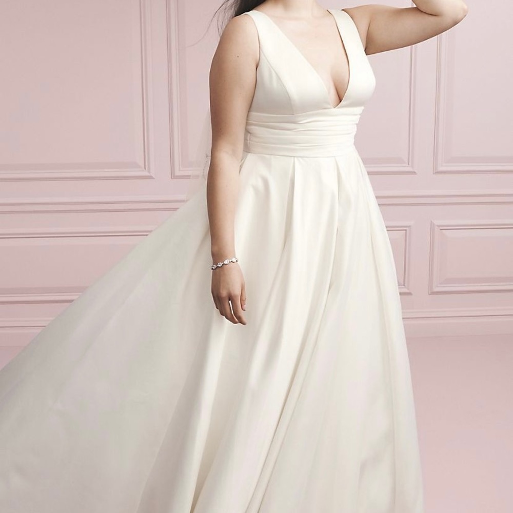 Satin cumberbund wedding dress by David’s bridal